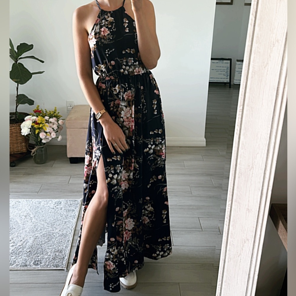 Navy Blue Floral Print Maxi, Resort Wear Sleeveless A-line Split Hem Dress